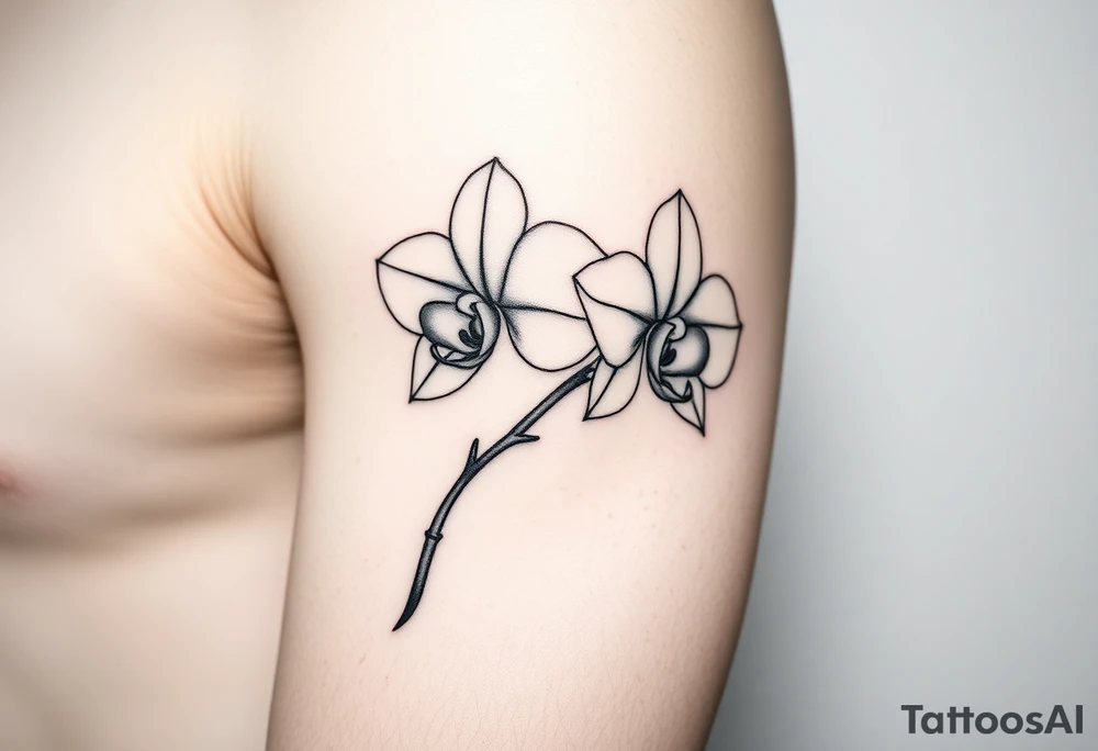 A delicate, black and white fine-line tattoo for make, featuring a gracefully detailed orchid stem with two flowers in full bloom, with soft, intricate petals and elegant curves tattoo idea