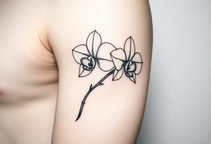 A delicate, black and white fine-line tattoo for make, featuring a gracefully detailed orchid stem with two flowers in full bloom, with soft, intricate petals and elegant curves tattoo idea