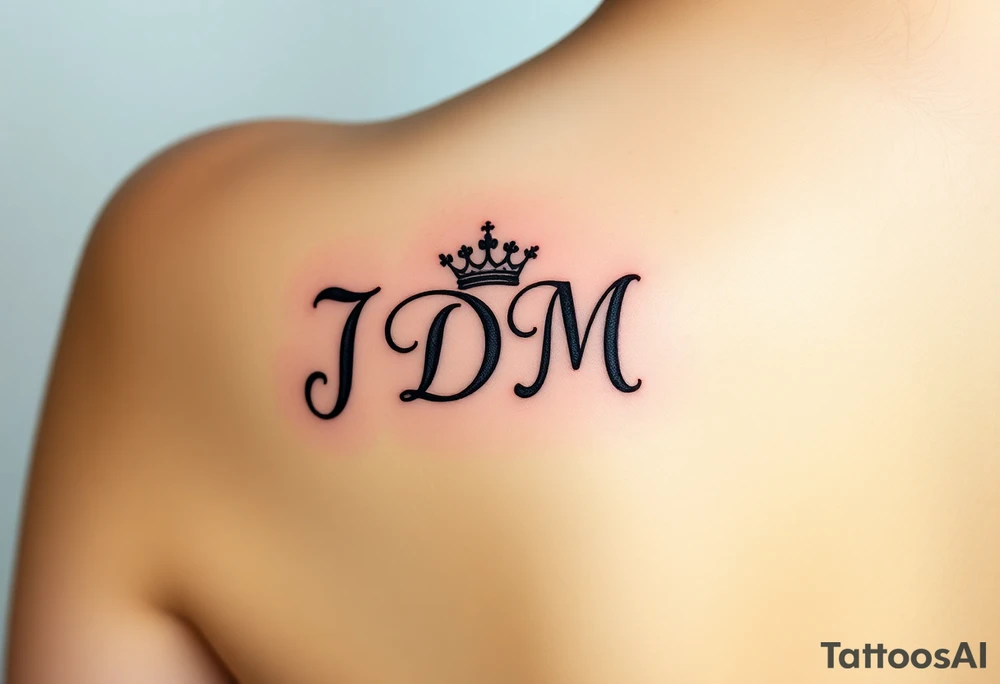 Letters JDM on inner wrist/forearm with crown on the J and a halo over the M tattoo idea