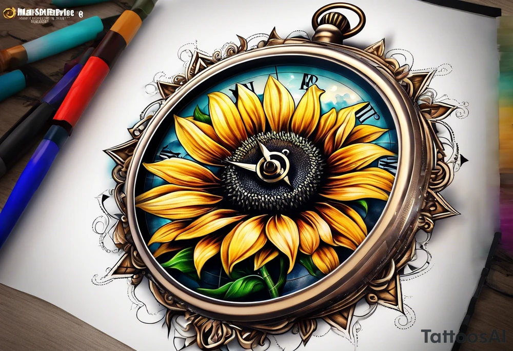 Sunflower next to a compass tattoo idea