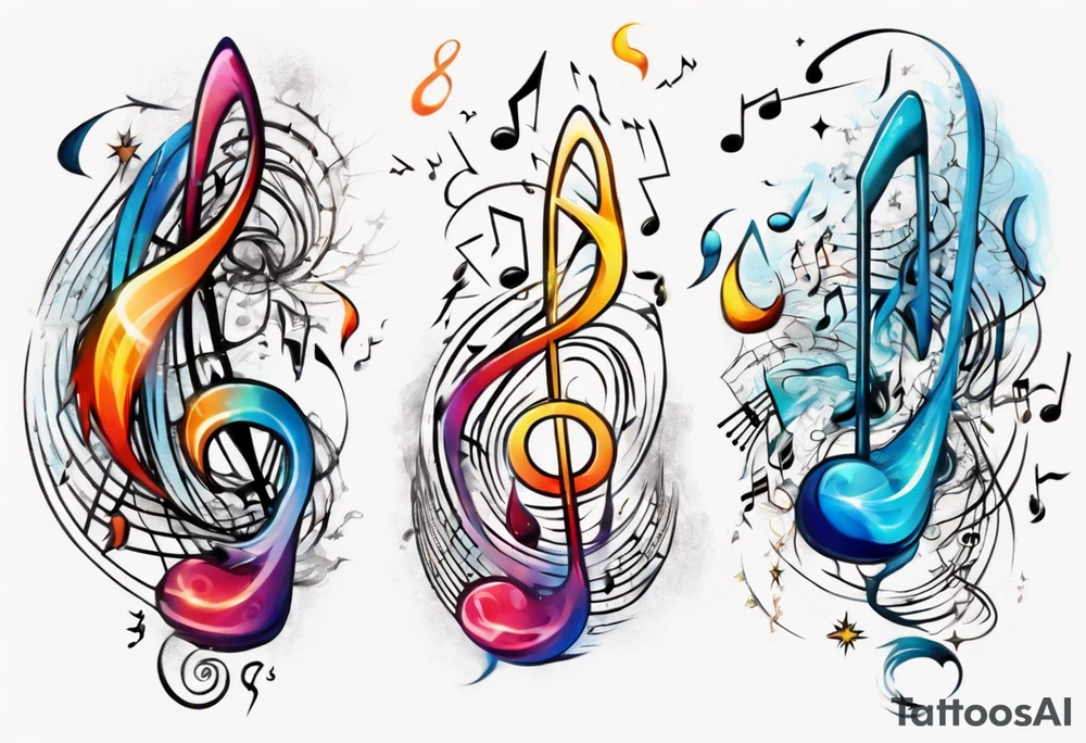An abstract representation of energy waves merging with musical notes and astrology symbols tattoo idea