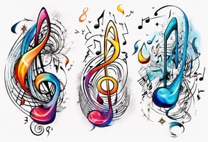 An abstract representation of energy waves merging with musical notes and astrology symbols tattoo idea