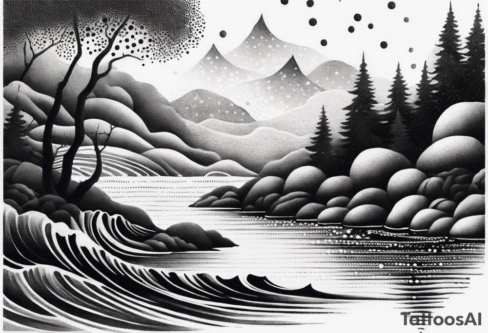 A river that becomes a beach with big waves tattoo idea