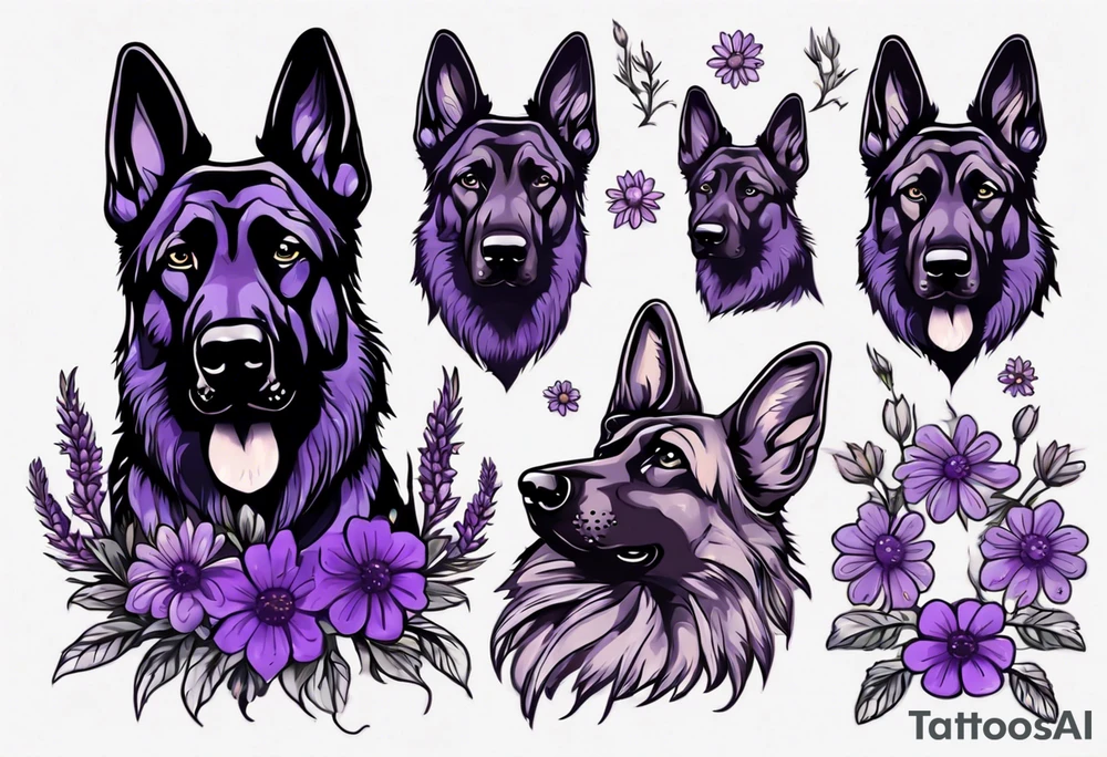 Dark Brown German shepherd portrait surrounded by purple daisies tattoo idea