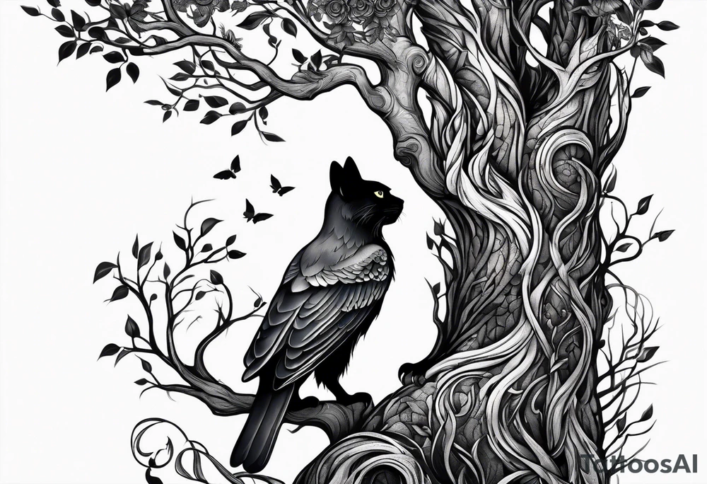 world tree with a cat and a raven and knotwork upper arm tattoo tattoo idea