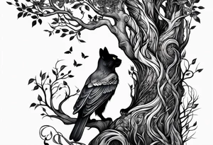 world tree with a cat and a raven and knotwork upper arm tattoo tattoo idea