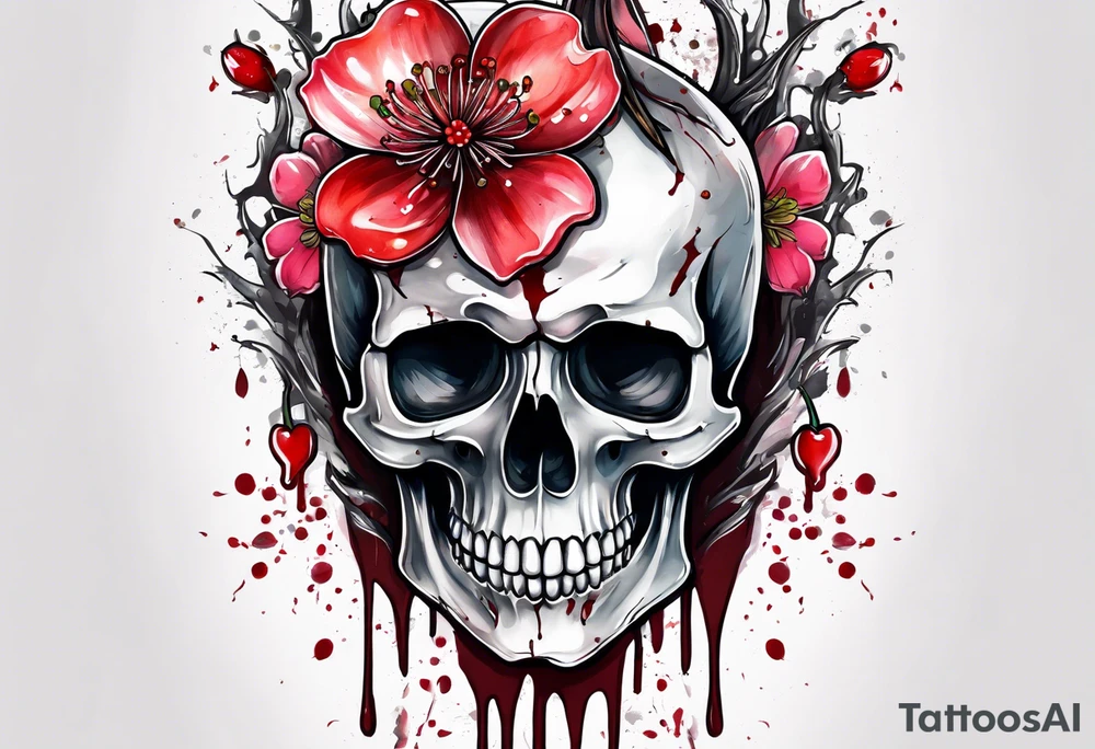 Bloody sword in a skull with cherry blossomdripping tattoo idea
