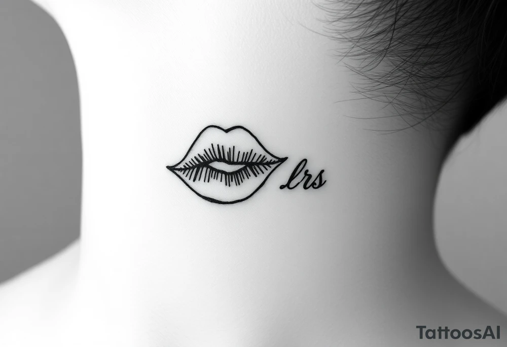 kiss tattooed on the neck with the initials lrs beside it tattoo idea