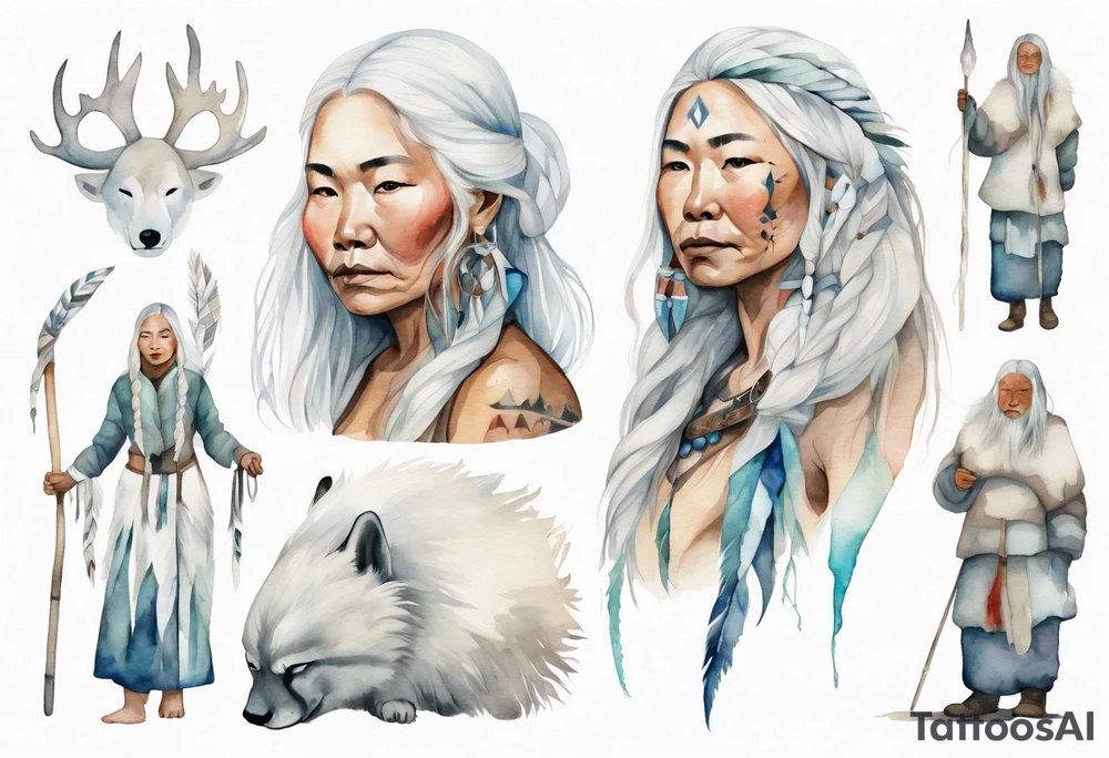 an Inuit woman with long white hair holding onto a white staff tattoo idea