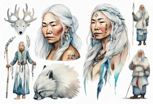 an Inuit woman with long white hair holding onto a white staff tattoo idea