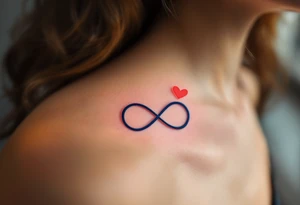 A navy blue infinity figure embracing a glowing coral pink heart at the top. tattoo idea