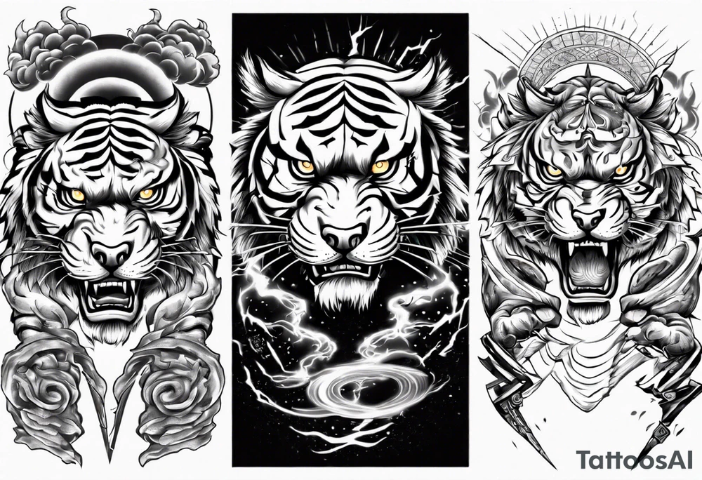 tiger warrior with lightning and the sun for a forearm sleeve tattoo idea