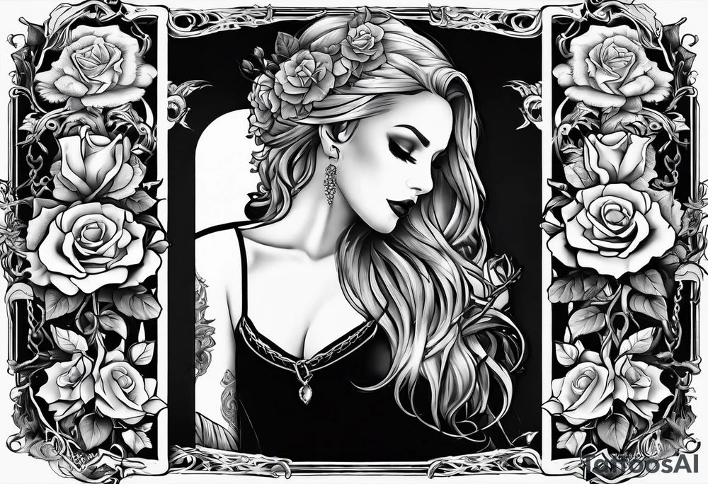 tattoo fool sleeve, old broken gothic home, broken sword, tree roots break out of the chains, roses tattoo idea