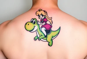 Princess Peach riding Yoshi from Mario Bros with vibrant colors tattoo idea