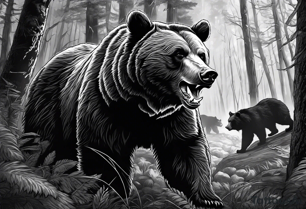 Bear growling. They are in a cloudy forest. With fierce warriors in the background. Make the picture very detailed and smoke in the back creating a trail effect tattoo idea