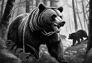 Bear growling. They are in a cloudy forest. With fierce warriors in the background. Make the picture very detailed and smoke in the back creating a trail effect tattoo idea