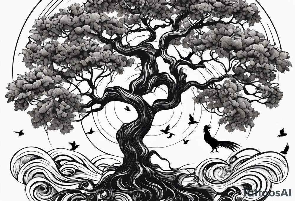 oak tree with rooster and roots and waves and three birds tattoo idea
