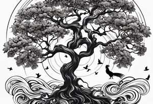oak tree with rooster and roots and waves and three birds tattoo idea