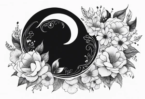 Crescent moon with a heart inside, shrouded by beautiful flowers with wisps of mist tattoo idea