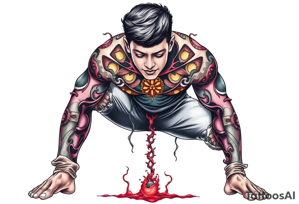 Handsome Asian young guy is standing on his knees and looking down tattoo idea