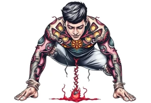 Handsome Asian young guy is standing on his knees and looking down tattoo idea