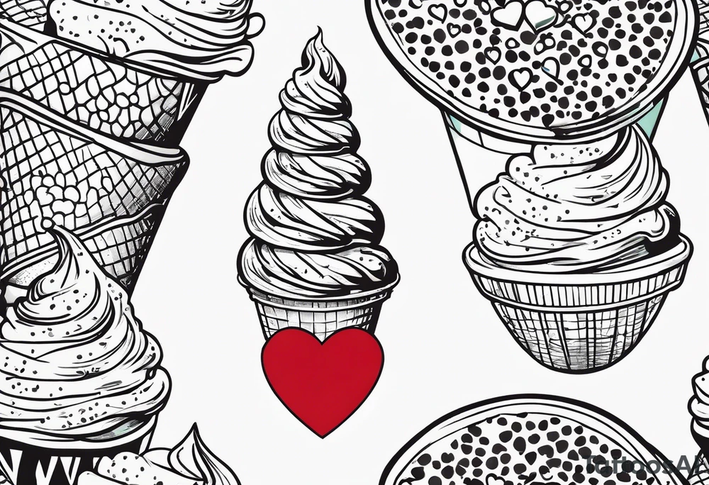 mint chocolate chip ice cream cone with small red heart on it somewhere. tattoo idea