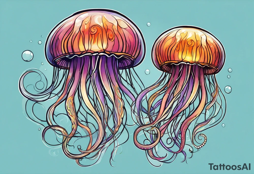 two jellyfish swimming together, with one larger than the other, with space in between them both with long tentacles of varying lengths and design tattoo idea