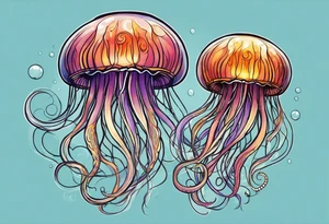 two jellyfish swimming together, with one larger than the other, with space in between them both with long tentacles of varying lengths and design tattoo idea
