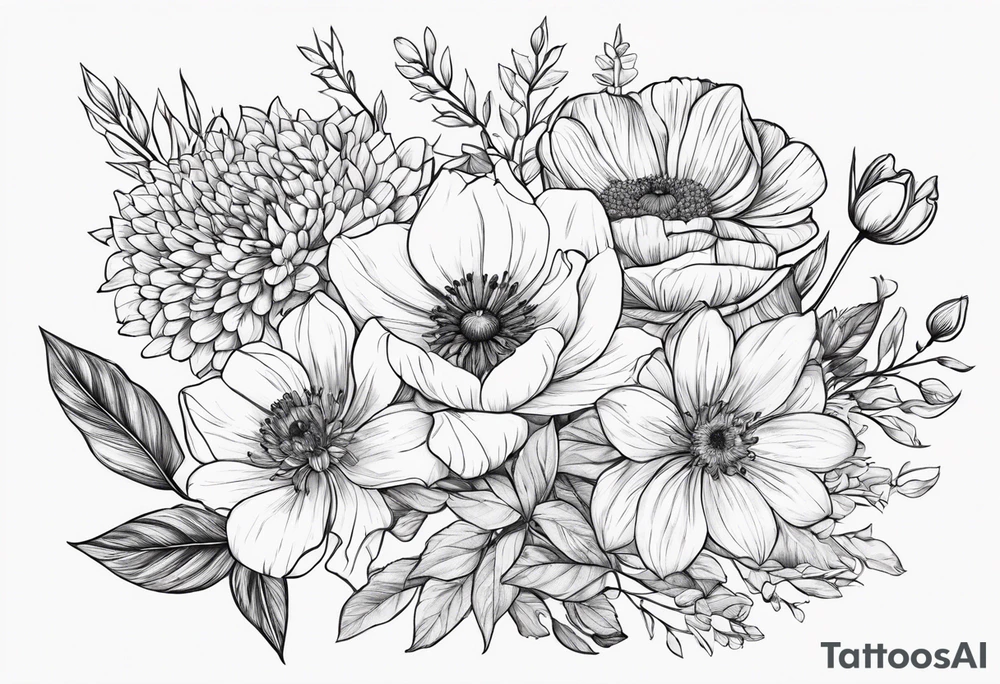 February and September birth flower bouquet dainty tattoo idea