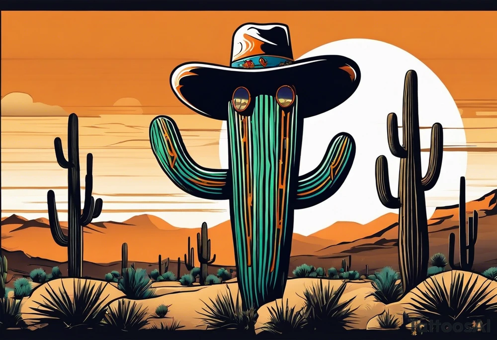 Saguaro cactus with two arms and a clever face, wearing an orange cowboy hat, wearing sunglasses, and a cigarette dangling from his mouth tattoo idea