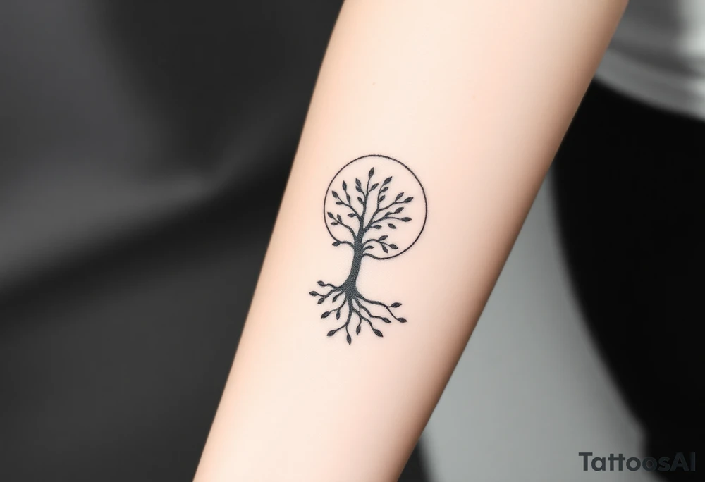 A tree inside of the sun, with little leaves, with an outward spiral line (moving to the right), as its roots. tattoo idea