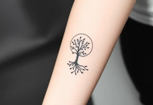 A tree inside of the sun, with little leaves, with an outward spiral line (moving to the right), as its roots. tattoo idea