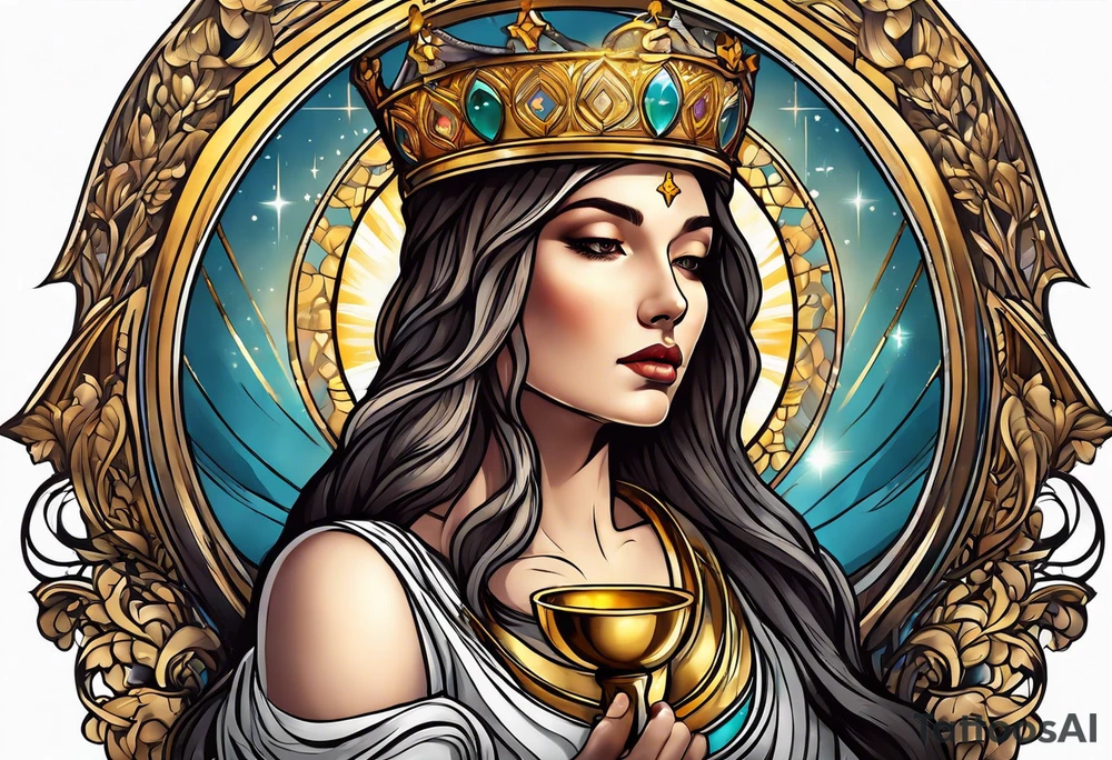 holy saint woman turned away with golden halo holding a chalice tattoo idea