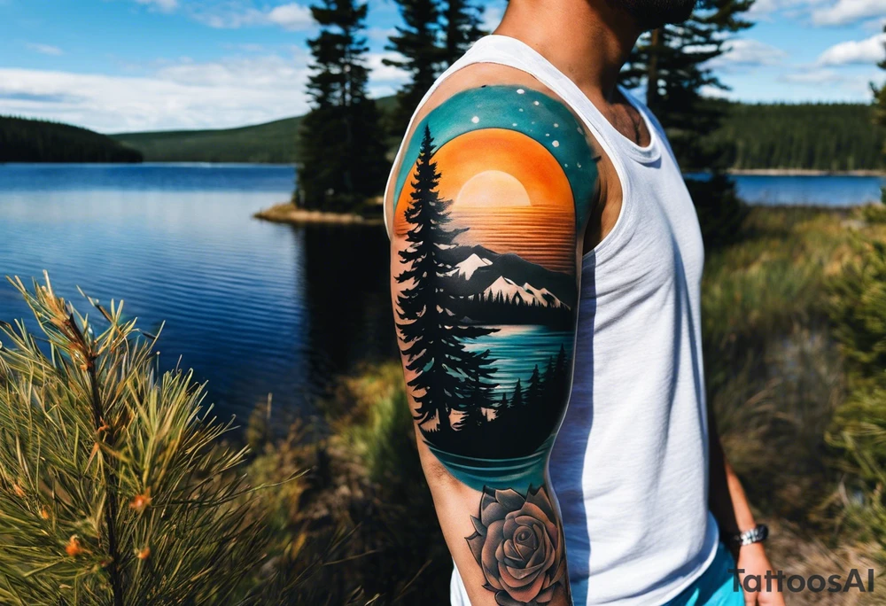 Sleeve tattoo windswept pine tree before lake with low hills on far side of lake. Mastiff silhouette in the foreground. with a dock coming out from the shore. Canadian shield. 
Include the words: "If the sun refused to shine
I would still be loving you
When mountains crumble to the sea
There will still be you and me" tattoo idea