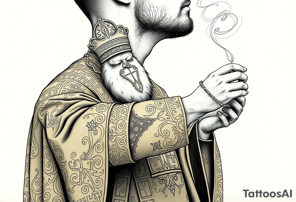 A Russian Orthodox Priest in full gold vestments swinging a censer with smoke curling upward 

The ornate robes give incredible fine line detail
The incense smoke could flow and connect to other elements
It ties directly into the church and Virgin Mary you already have
Very culturally authentic to the overall theme tattoo idea