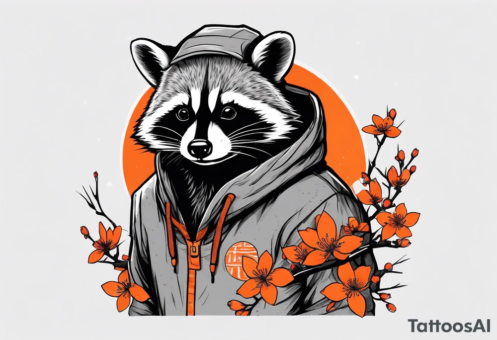 raccoon wearing a Superman hoodie with orange Japanese cherry blossoms tattoo idea