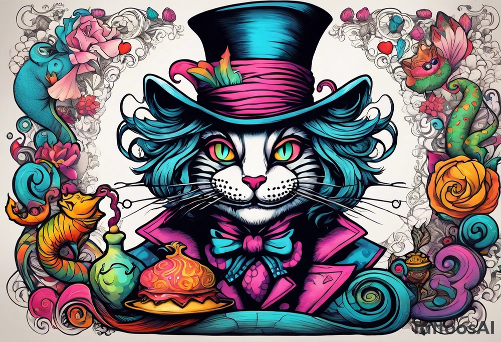 Alice in Wonderland. Mad hatter, Cheshire Cat, hook-a smoking caterpillar, eat me, drink me, we are all mad here. Colorful. Psychedelic. Playful. tattoo idea