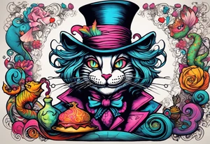 Alice in Wonderland. Mad hatter, Cheshire Cat, hook-a smoking caterpillar, eat me, drink me, we are all mad here. Colorful. Psychedelic. Playful. tattoo idea