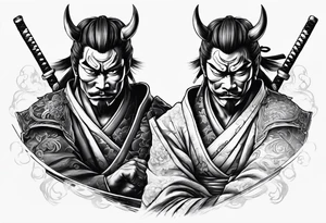 samurai with a hannya mask that covers half of his face who is in a slightly tilted posture holding a katana in an attack position tattoo idea