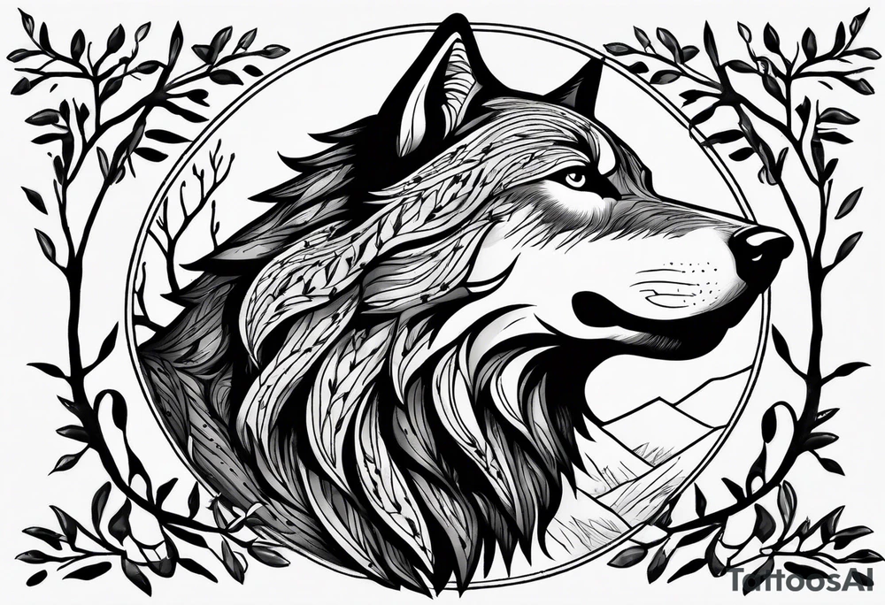 howling wolf drawn with olive tree branches and leaves tattoo idea