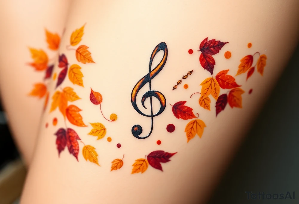 A treble clef surrounded by a cascade of falling autumn leaves, in shades of gold, orange, and deep burgundy, evoking a sense of change and movement tattoo idea