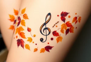 A treble clef surrounded by a cascade of falling autumn leaves, in shades of gold, orange, and deep burgundy, evoking a sense of change and movement tattoo idea