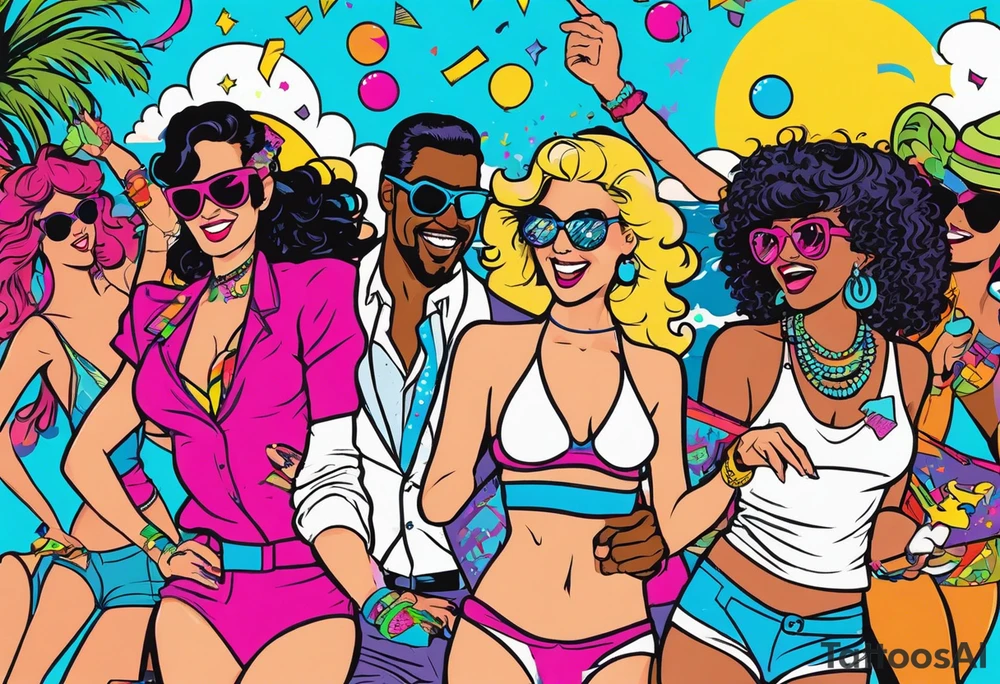1980's miami vice style beach dance 
party, include confetti, music notes, boom box, bikinis tattoo idea
