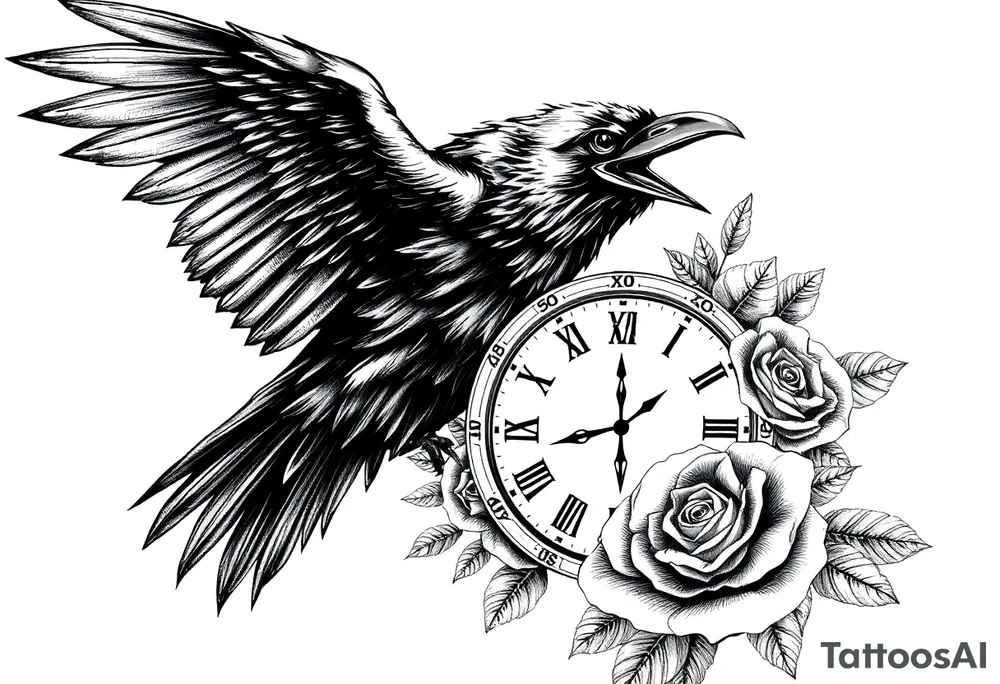 raven,roses,clock. tattoo idea