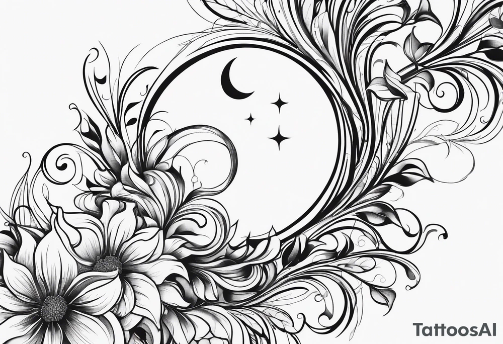 vertical and tall flower vine with shapes and the moon. Minimalist design tattoo idea