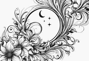 vertical and tall flower vine with shapes and the moon. Minimalist design tattoo idea