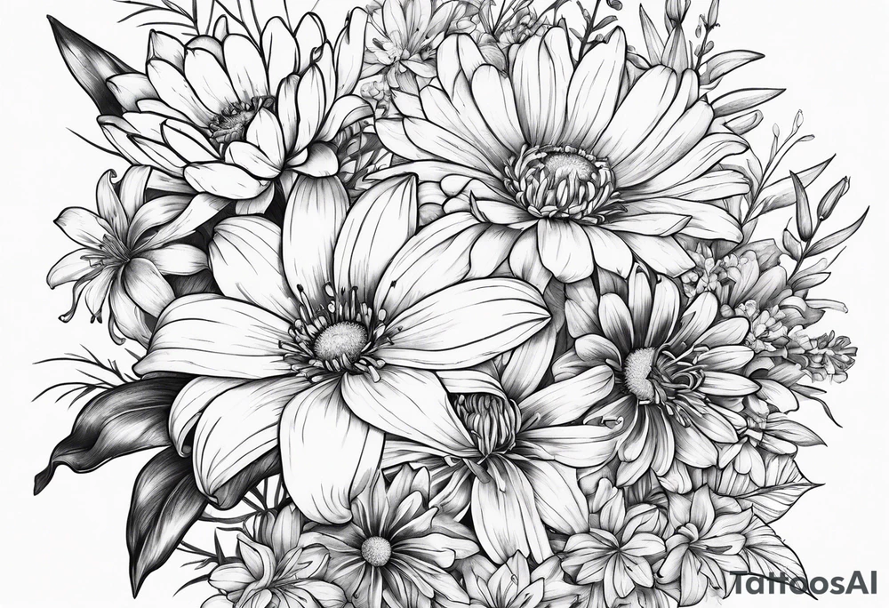 Bouquet of lilies, marigolds, cosmos, and asters tattoo idea