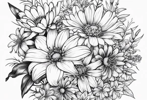 Bouquet of lilies, marigolds, cosmos, and asters tattoo idea