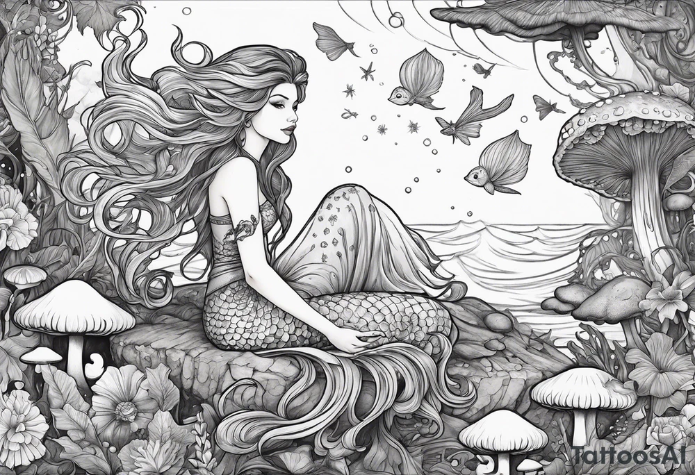 a mermaid sitting on a mushroom looking at a fairy flying tattoo idea
