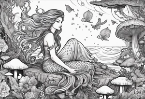 a mermaid sitting on a mushroom looking at a fairy flying tattoo idea
